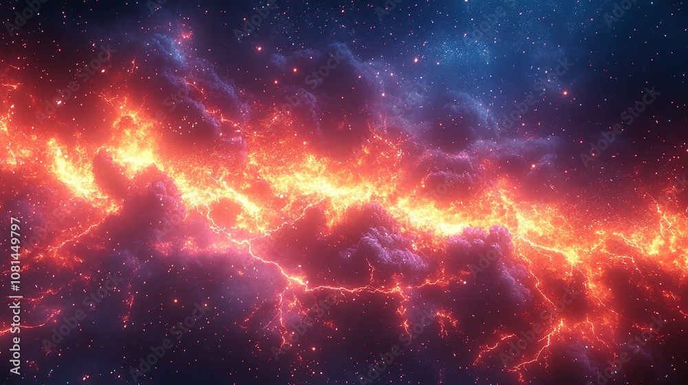 Glowing Fire And Lightning Streaks In A Starry Sky Glowing Fire And Lightning Streaks In A Starry Sky