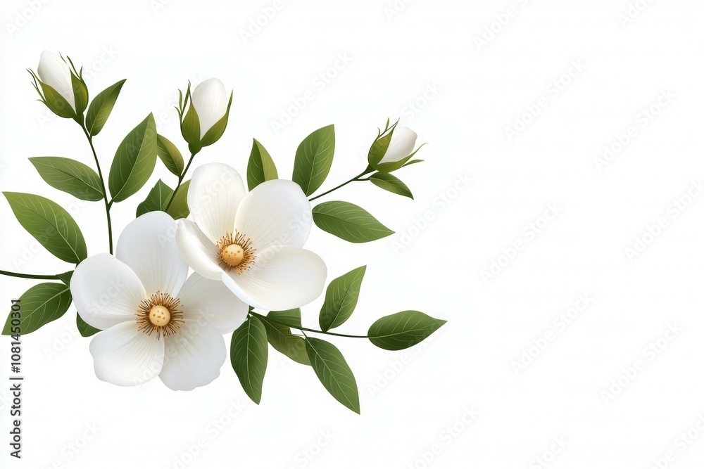 Naklejka premium A white flower with green leaves is the main focus of the image