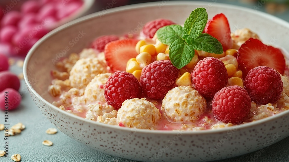 A Bowl of Oatmeal Topped with Raspberries, Strawberries, Corn, and Mint A Bowl of Oatmeal Topped with Raspberries, Strawberries, Corn, and Mint