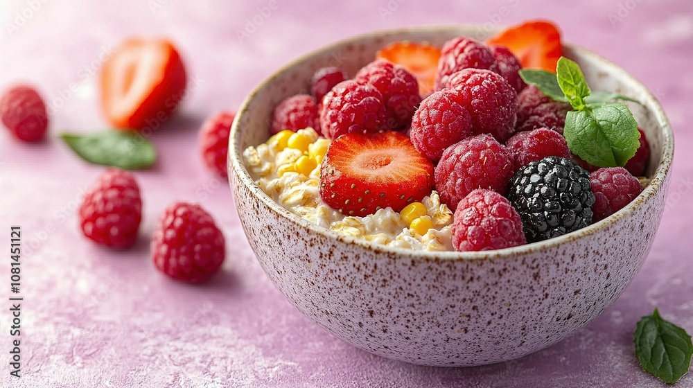 Bowl of Oatmeal with Berries, Corn, and Mint Bowl of Oatmeal with Berries, Corn, and Mint