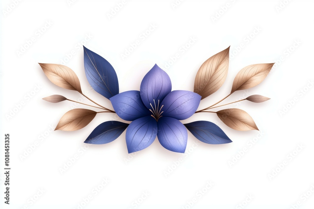 A blue flower with gold leaves is the main focus of the image A blue flower with gold leaves is the main focus of the image