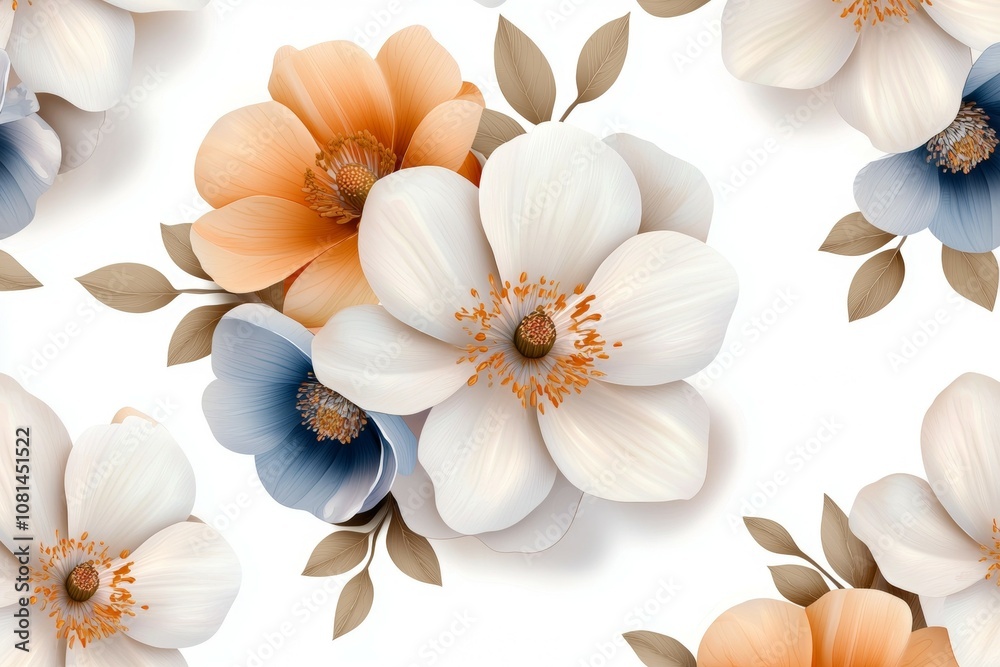 A floral pattern with white flowers and blue and orange leaves A floral pattern with white flowers and blue and orange leaves