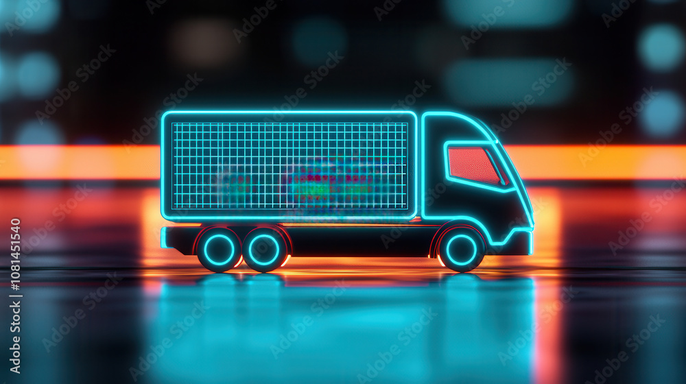 glowing neon truck with grid design, symbolizing modern transport technology and logistics. vibrant colors create futuristic feel glowing neon truck with grid design, symbolizing modern transport technology and logistics. vibrant colors create futuristic feel