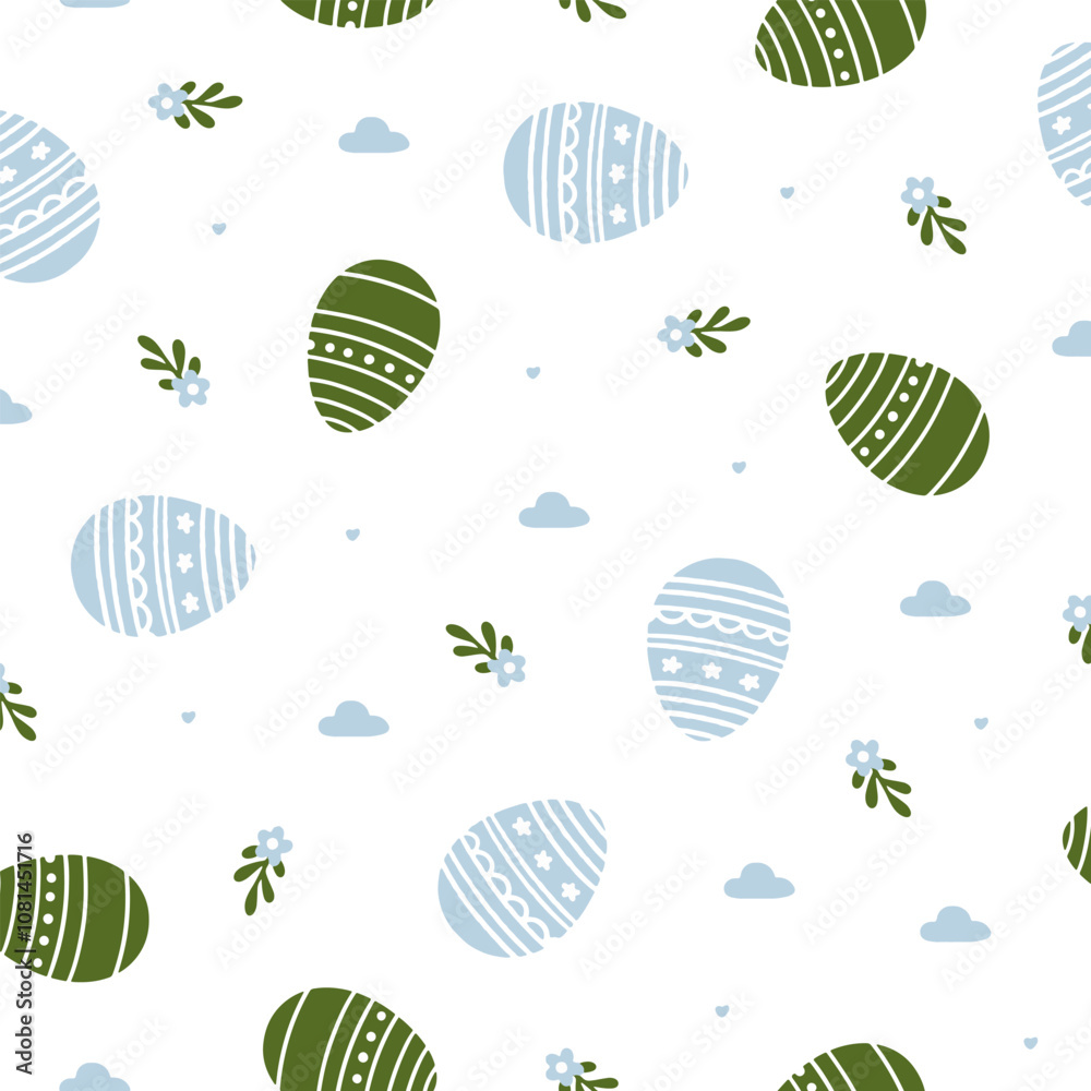 Seamless pattern of Easter eggs and flowers. Pattern with rabbits, wild flowers and clouds.
Seamless pattern of Easter eggs and flowers. Pattern with rabbits, wild flowers and clouds.