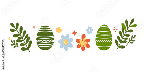 Vector set of easter elements with bunny, flowers, eggs. Easter chicken on the lawn.	
