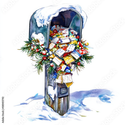 festive mailbox overflowing with colorful holiday letters and decorations, surrounded by snow. scene captures joy and excitement of holiday season photo