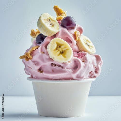 Pink frozen yogurt decorated with banana slices, grapes and caramelized nuts