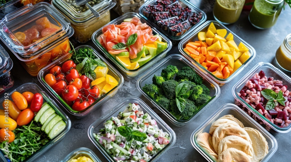 An assortment of healthy meal prep containers with various ingredients, including vegetables, fruits, proteins, and grains. An assortment of healthy meal prep containers with various ingredients, including vegetables, fruits, proteins, and grains.