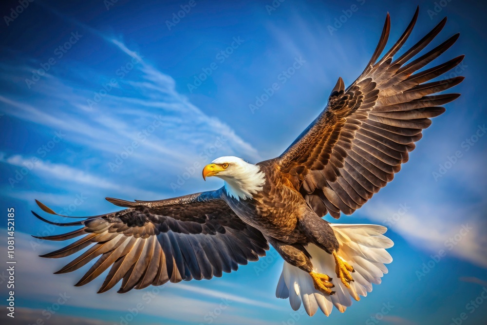 Fototapeta premium Majestic Bald Eagle in Flight: Captivating Fashion Photography of Nature's Icon, Soaring with Wings Spread Wide, Symbolizing Freedom and Strength