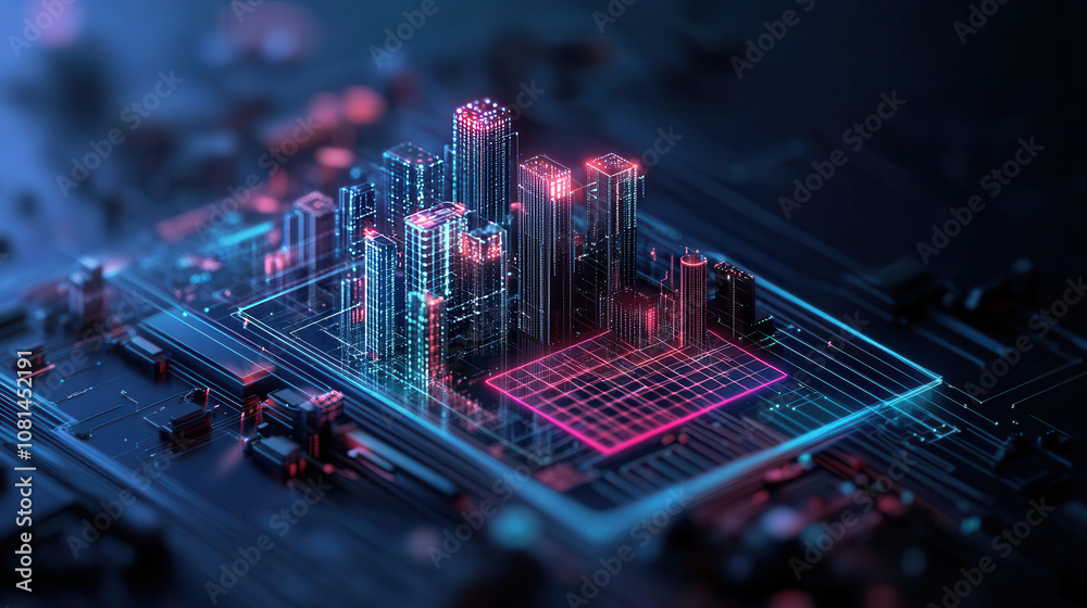 Fototapeta premium Futuristic cityscape on circuit board, glowing buildings, neon lights, technology concept, digital architecture, urban landscape, cyberpunk style, innovation, modern design, abstract art