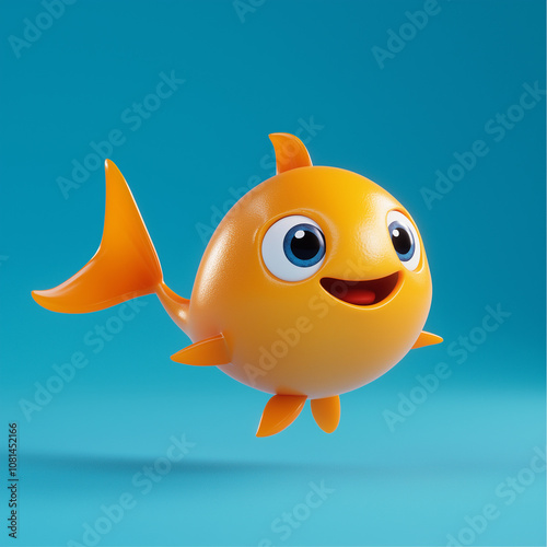 Happy cartoon goldfish swimming and smiling on blue background