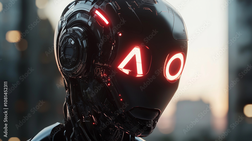 Futuristic robot showing red glowing eyes in urban environment Futuristic robot showing red glowing eyes in urban environment