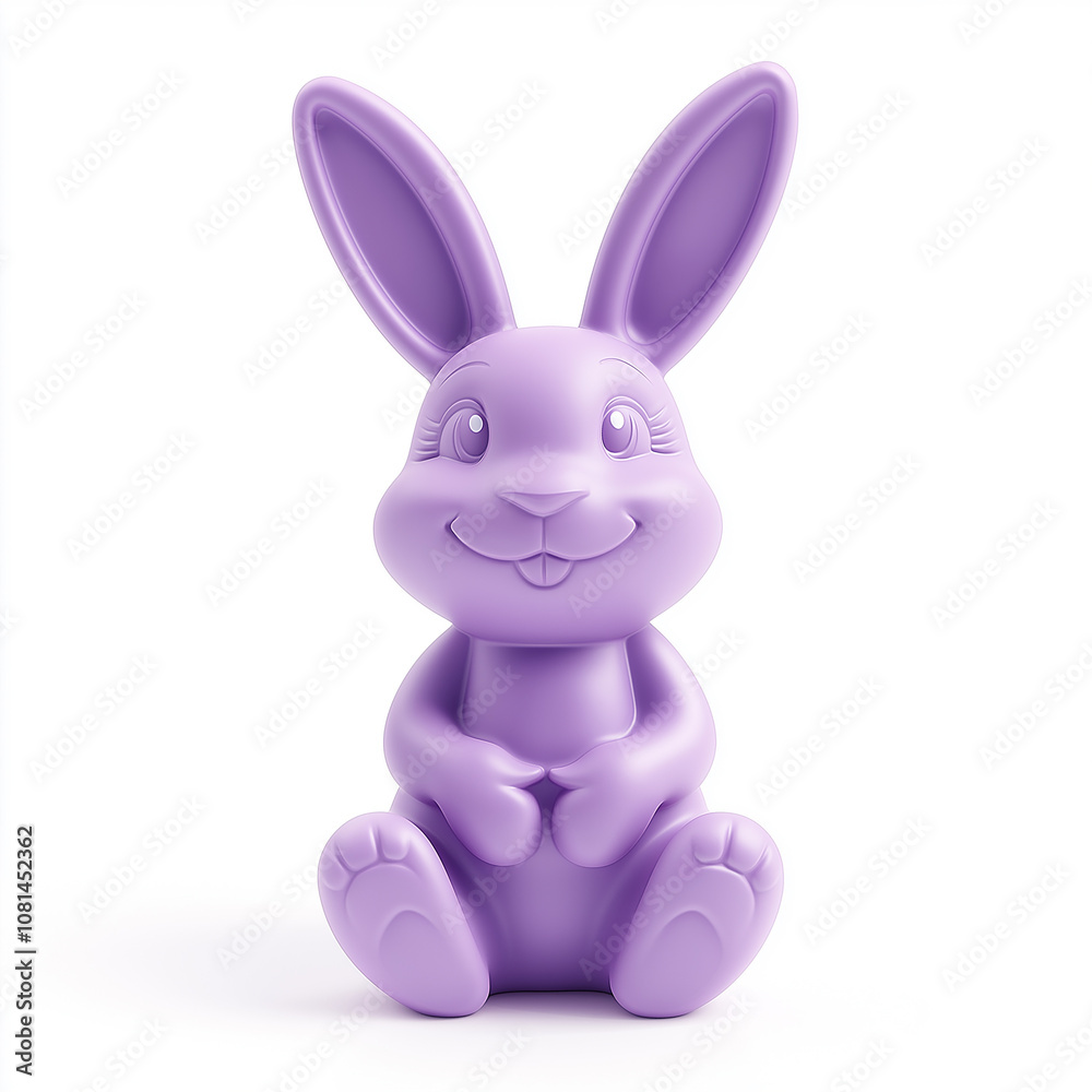 Obraz premium Cute purple cartoon bunny sitting and smiling on white background