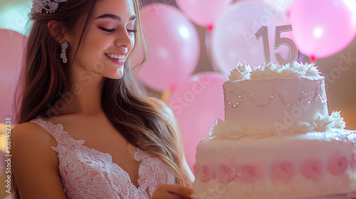 Beautiful quinceañera girl looking at her fifteenth birthday cake, smiling photo