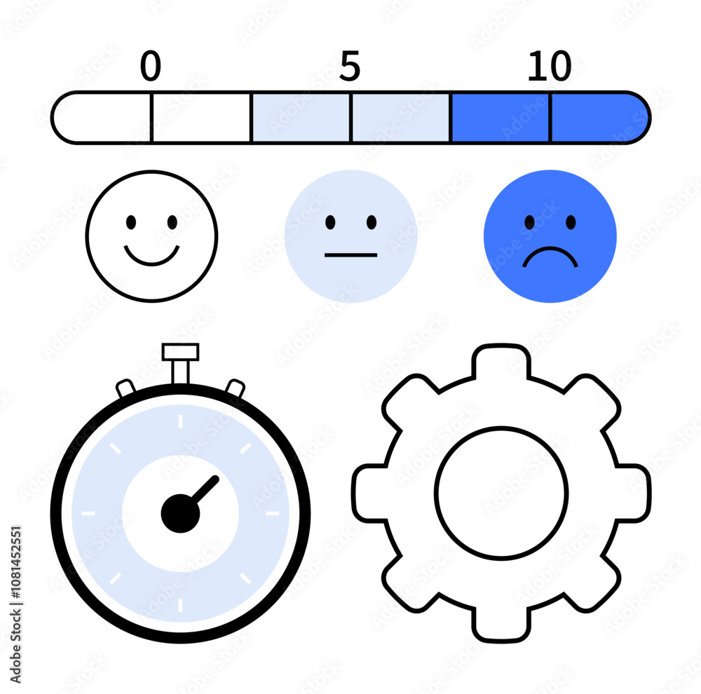 Progress bar, three emoticons from happy to sad, stopwatch, and gear symbol. Ideal for performance evaluation, user feedback, efficiency measurement, satisfaction surveys, progress tracking Progress bar, three emoticons from happy to sad, stopwatch, and gear symbol. Ideal for performance evaluation, user feedback, efficiency measurement, satisfaction surveys, progress tracking