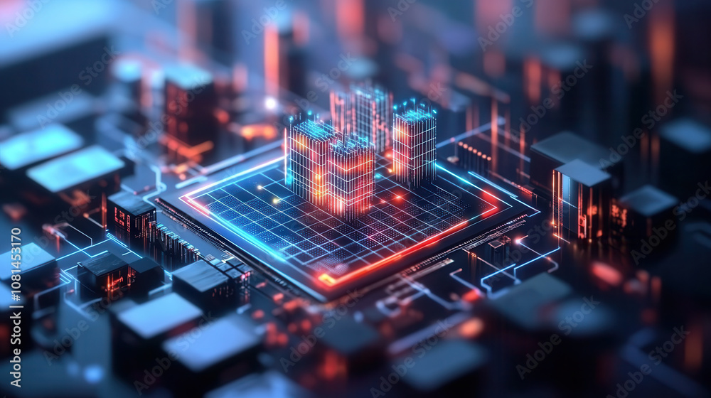 Futuristic cityscape on microchip, showcasing vibrant neon lights and intricate circuitry. This digital artwork represents advanced technology and innovation