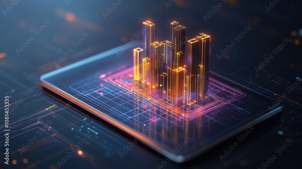 Fototapeta premium Digital cityscape on tablet screen, showcasing vibrant 3D buildings and data visualization. glowing structures represent technology and innovation in urban development