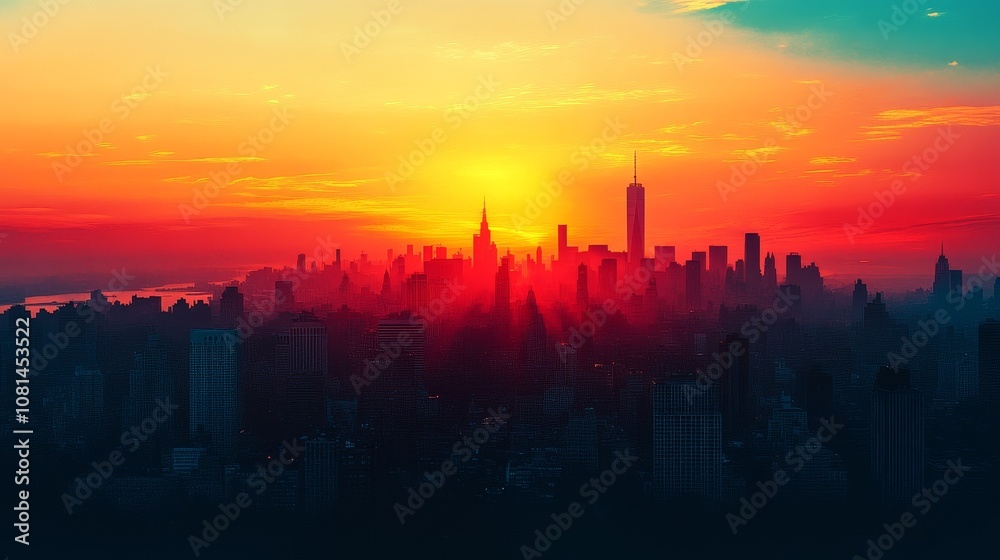 Urban skyline silhouette at sunset with pure color background, featuring high-rise buildings and skyscrapers against a vibrant sky, symbolizing modern city life and architecture. Urban skyline silhouette at sunset with pure color background, featuring high-rise buildings and skyscrapers against a vibrant sky, symbolizing modern city life and architecture.