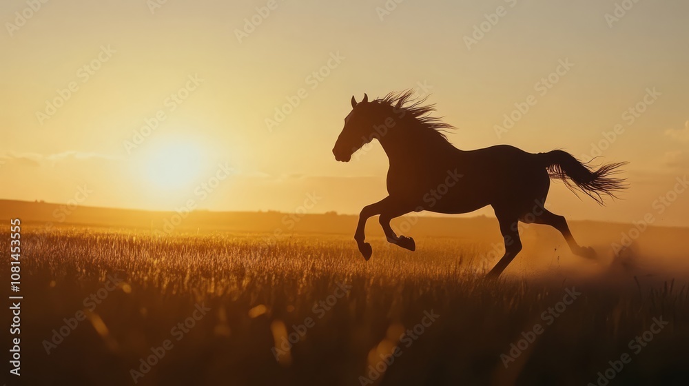 A black horse runs through a field at sunset, kicking up dust. A black horse runs through a field at sunset, kicking up dust.
