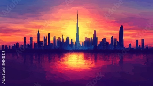 Urban skyline silhouette at sunset with pure color background, featuring high-rise buildings and skyscrapers against a vibrant sky, symbolizing modern city life and architecture.