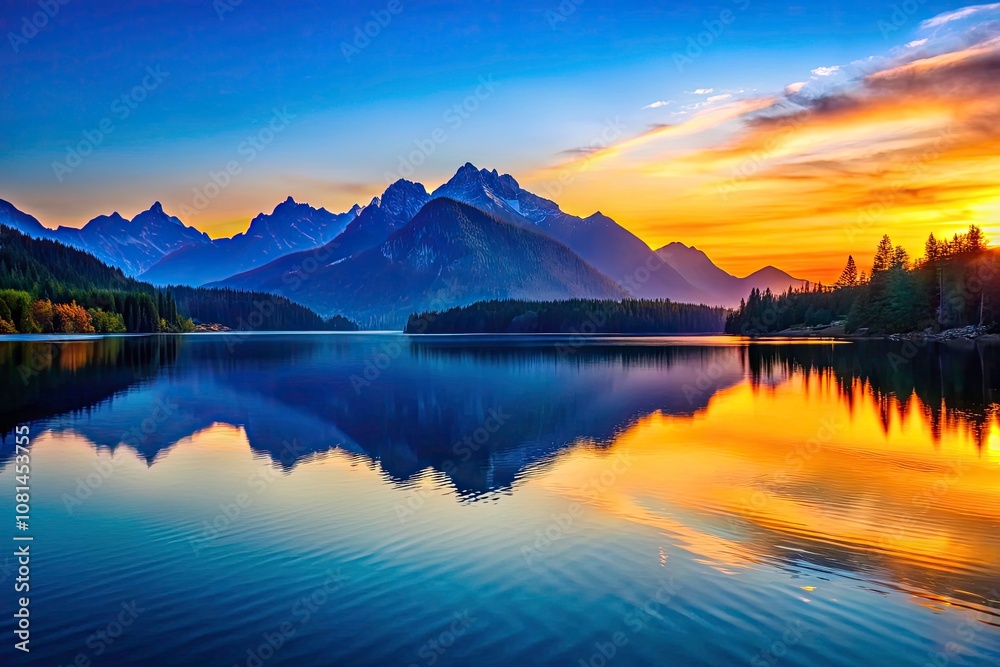 Scenic Lake with Majestic Mountains and Reflections Under Clear Blue Sky - Serene Nature Photography Scenic Lake with Majestic Mountains and Reflections Under Clear Blue Sky - Serene Nature Photography