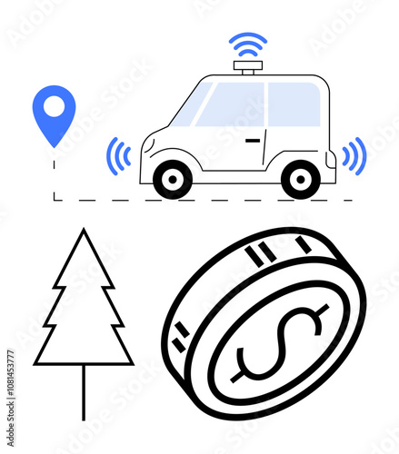 Autonomous car using GPS for navigation, blue location pin, black coin with dollar sign, and simple tree outline. Ideal for technology, finance, navigation, environment, future mobility investment