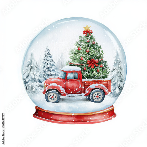festive snow globe featuring red truck with Christmas tree, surrounded by snow covered trees, evoking holiday cheer and warmth