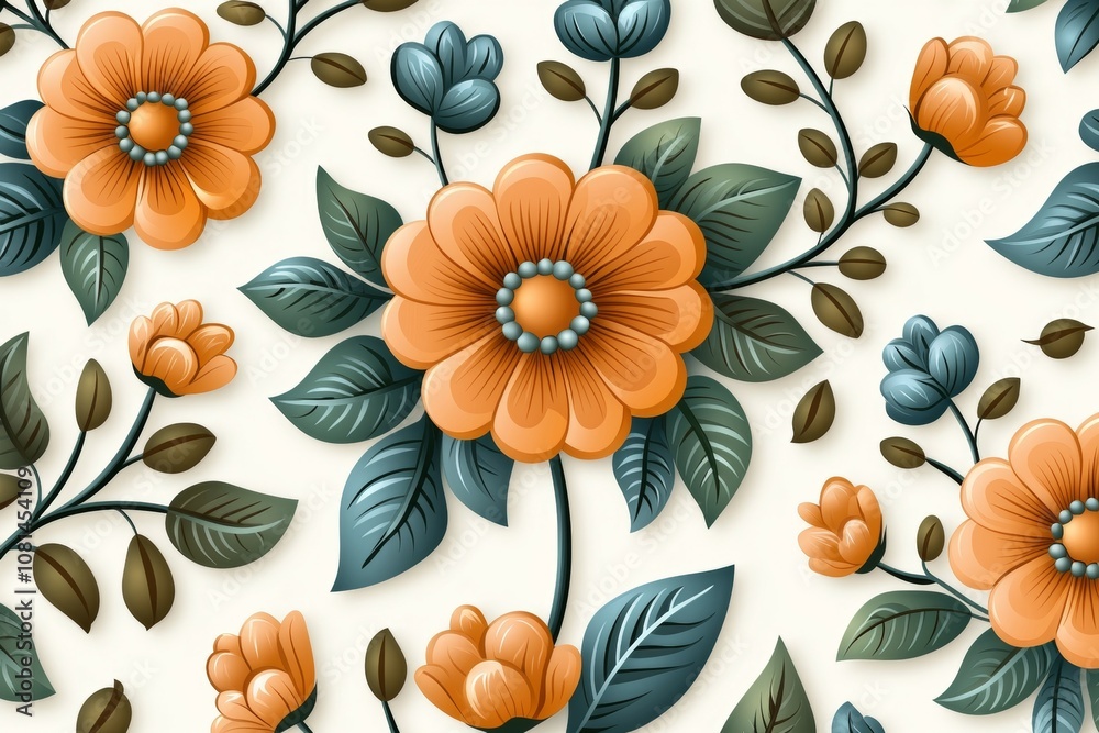A floral pattern with orange flowers and green leaves A floral pattern with orange flowers and green leaves