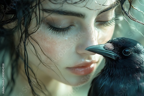 Mysterious Woman with Raven, Fantasy, Fairytale, Nature, Magic,  Close Up photo