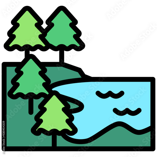 Lagoon flat outline color icon, use for UI, UX, app and web development, digital or print. for industry, education, business, ecology and environment, water treatment theme.