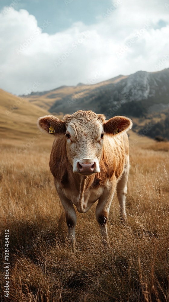 Serene Cow in a Mountain Pasture: A Breathtaking Rural Landscape Serene Cow in a Mountain Pasture: A Breathtaking Rural Landscape
