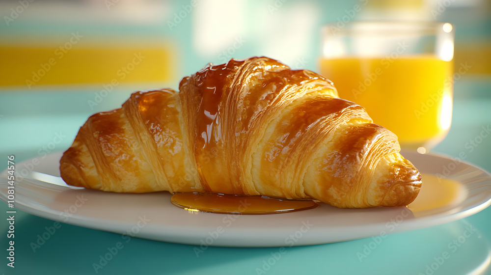 Golden Croissant Drizzled with Honey on a Plate, Delightful Breakfast Pastry Golden Croissant Drizzled with Honey on a Plate, Delightful Breakfast Pastry