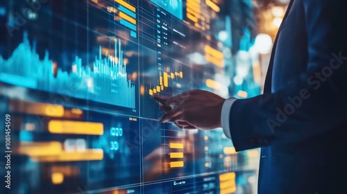 A businessman in a suit stands in front of a large screen displaying data, graphs, and charts. He uses his tablet to interact with the screen, analyzing the information.