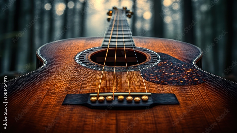 Obraz premium A close-up of an acoustic guitar in a forest setting.