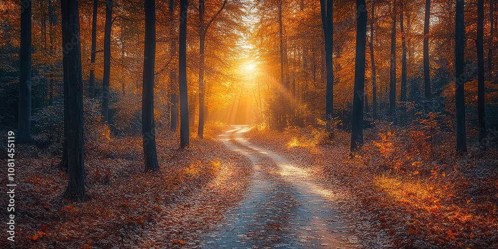 Sunbeams illuminate a winding path through a golden autumn forest. Sunbeams illuminate a winding path through a golden autumn forest.