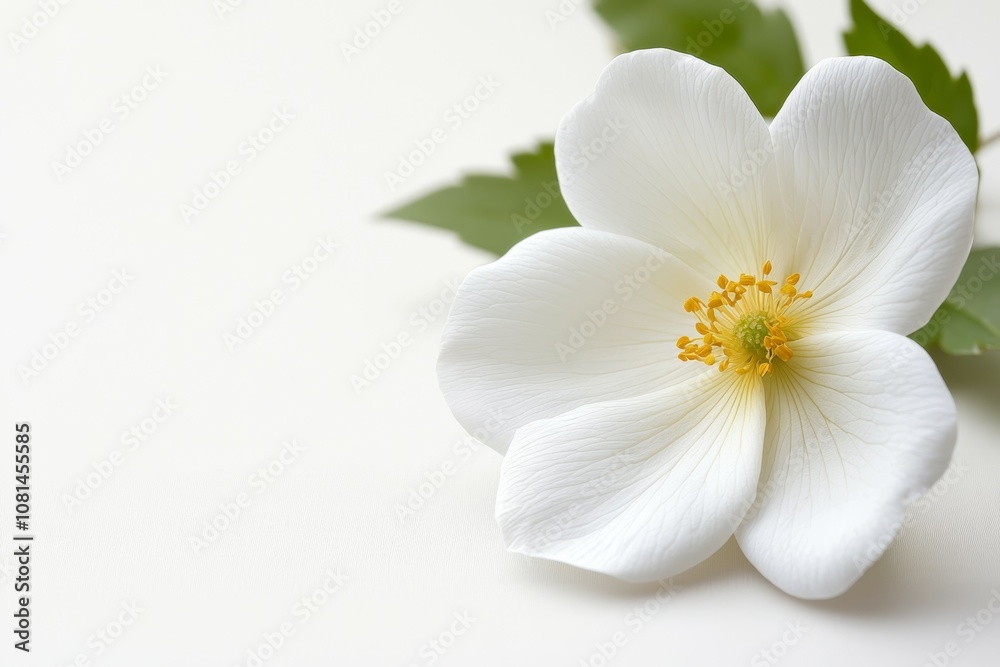 A white flower with a yellow center sits on a white background A white flower with a yellow center sits on a white background