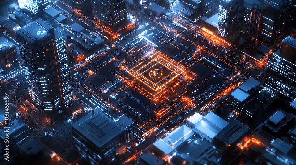 Futuristic cityscape with glowing circuits and buildings, showcasing vibrant technological environment. intricate design highlights innovation and modernity Futuristic cityscape with glowing circuits and buildings, showcasing vibrant technological environment. intricate design highlights innovation and modernity