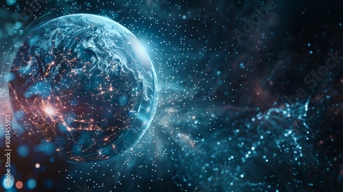 Planet earth is rotating in space with futuristic connections and data transfer, representing global communication and advanced technologies