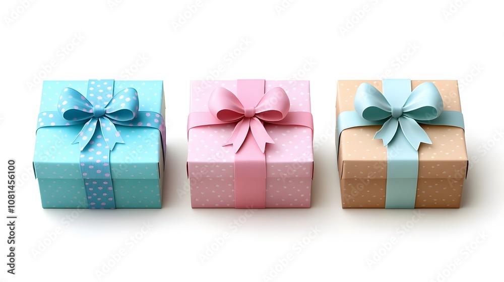 Obraz premium 3D cartoon wrapped gift boxes with detailed ribbons and bows on white background