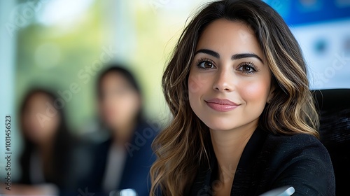 Confident young professional woman in black business suit and blazer smiling at the in an office environment representing leadership teamwork and success in the corporate world