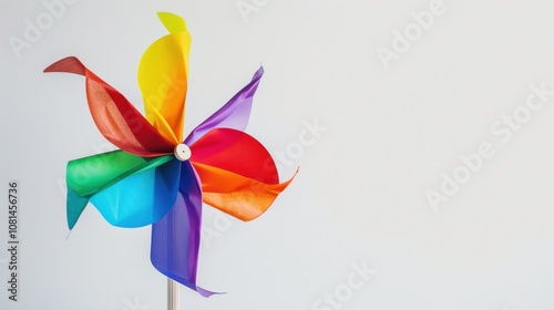 A colorful pinwheel on a solid white background symbolizing the dynamism of diversity, Highlighting the movement and energy created by diverse inputs, minimalistic style photo