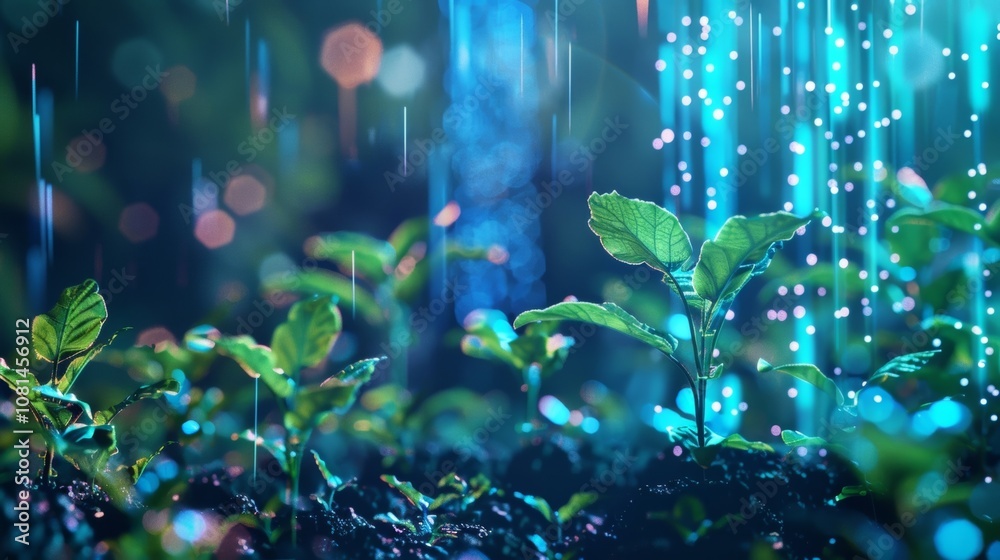 Beams of light shining on small green plants growing in dark soil, symbolizing innovation in agriculture and future technologies for sustainable farming Beams of light shining on small green plants growing in dark soil, symbolizing innovation in agriculture and future technologies for sustainable farming