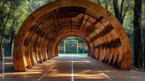 Wooden portico tunnel, 3 meters long, designed like the Maiombe forest, located in the center of a futsal field, creating a secluded and atmospheric space within the sports environment. photo