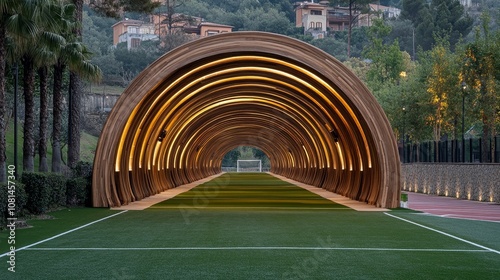 Wooden portico tunnel, 3 meters long, designed like the Maiombe forest, located in the center of a futsal field, creating a secluded and atmospheric space within the sports environment. photo