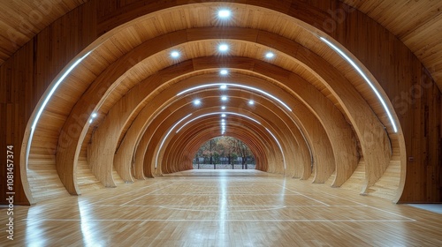 Wooden portico tunnel, 3 meters long, designed like the Maiombe forest, located in the center of a futsal field, creating a secluded and atmospheric space within the sports environment. photo