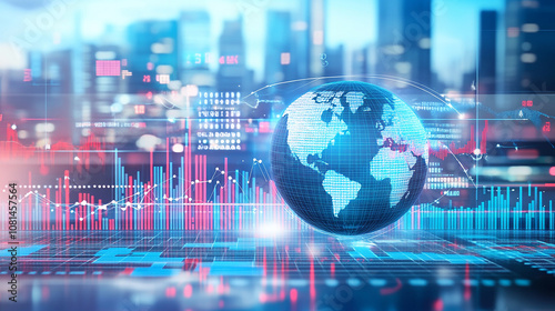 A digital globe with data visualizations in the foreground and a city skyline in the background.