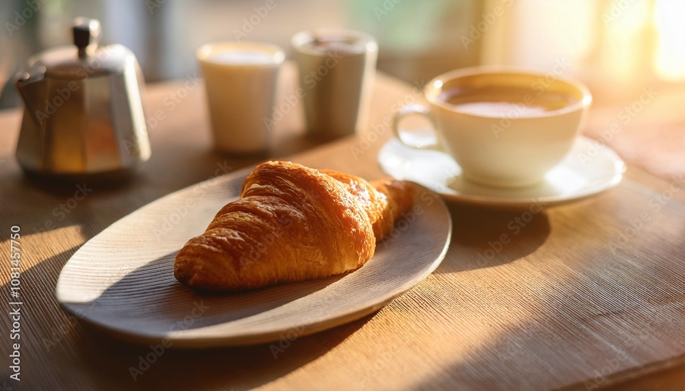 Freshly Brewed Coffee and a Slice of Butter Croissant Served on a Sunlit Breakfast Table, Captured in a Bright and Airy Cafe Setting with Minimalist Decor Freshly Brewed Coffee and a Slice of Butter Croissant Served on a Sunlit Breakfast Table, Captured in a Bright and Airy Cafe Setting with Minimalist Decor