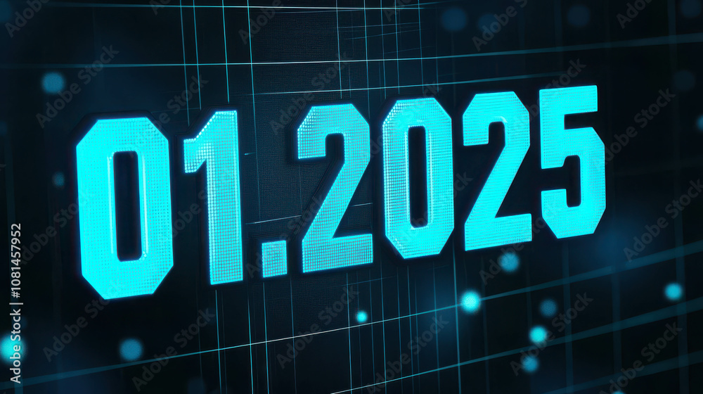 Futuristic Digital Design Featuring a Date Display of 01.2025 in Neon Blue, Highlighting Technology and Innovative Graphic Elements for Contemporary Visual Needs Futuristic Digital Design Featuring a Date Display of 01.2025 in Neon Blue, Highlighting Technology and Innovative Graphic Elements for Contemporary Visual Needs