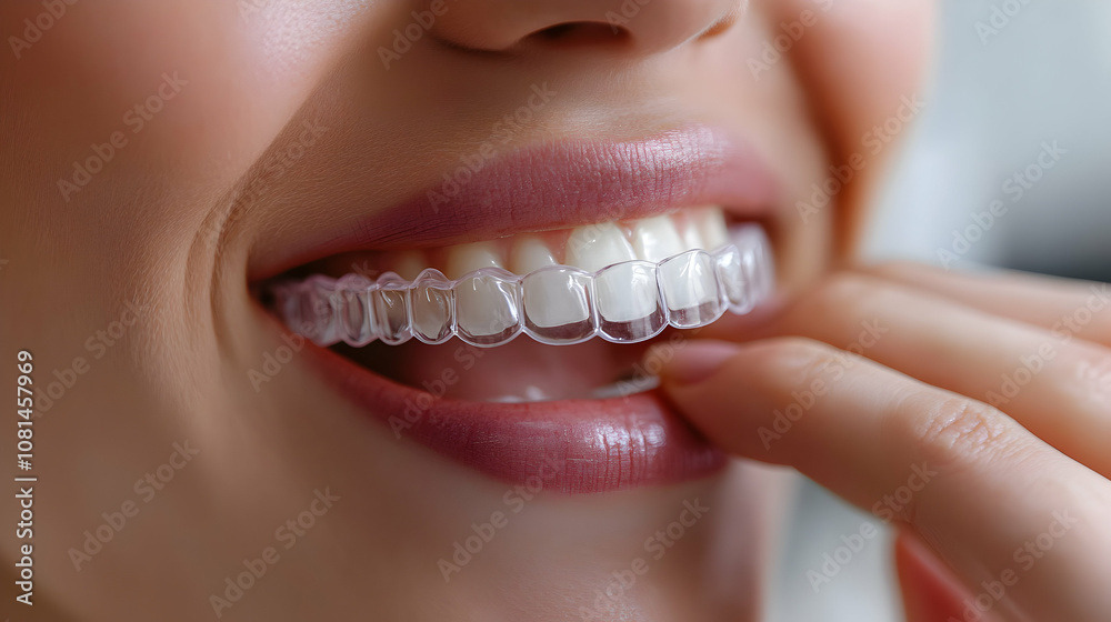 Fototapeta premium Close-up of Person Inserting Clear Teeth Aligner, Demonstrating Oral Hygiene and Straightening