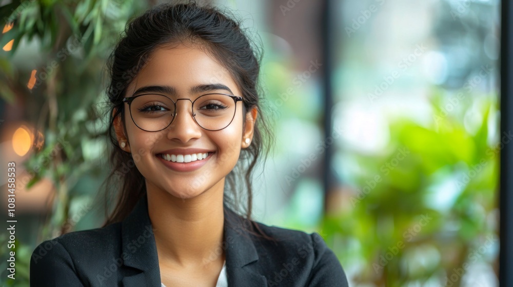 Young woman in a stylish blazer smiling confidently in a modern workspace with greenery during daylight Young woman in a stylish blazer smiling confidently in a modern workspace with greenery during daylight